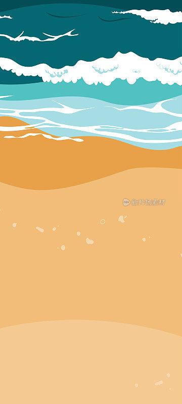 高角度的夏季海滩景观与海浪和沙子。泡沫的海浪在沙滩上奔流。传单、卡片或横幅的垂直背景。矢量插图。