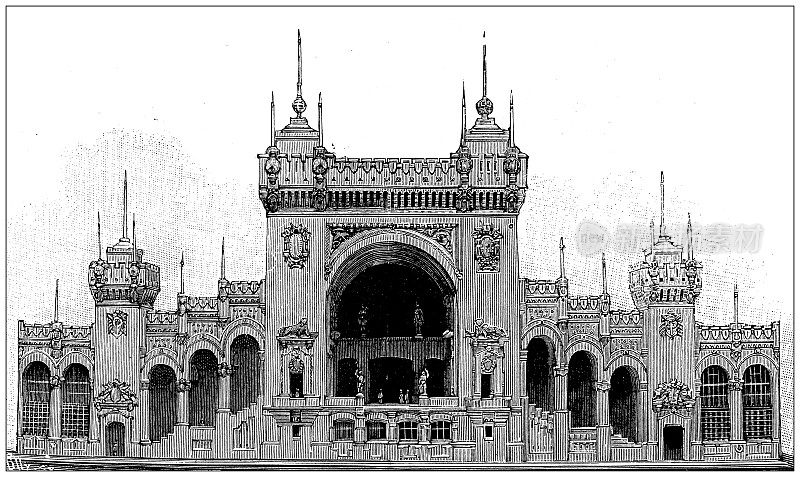 古董插图:陆地和海洋军队宫殿，1900年巴黎世博会，1899年