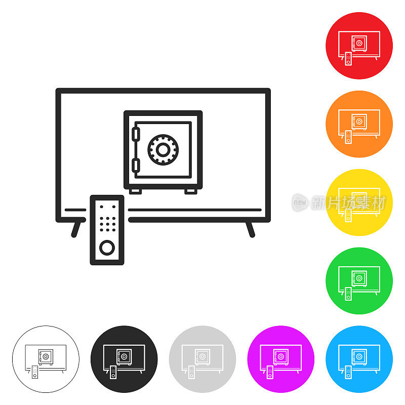带保险箱的电视。彩色按钮上的图标
