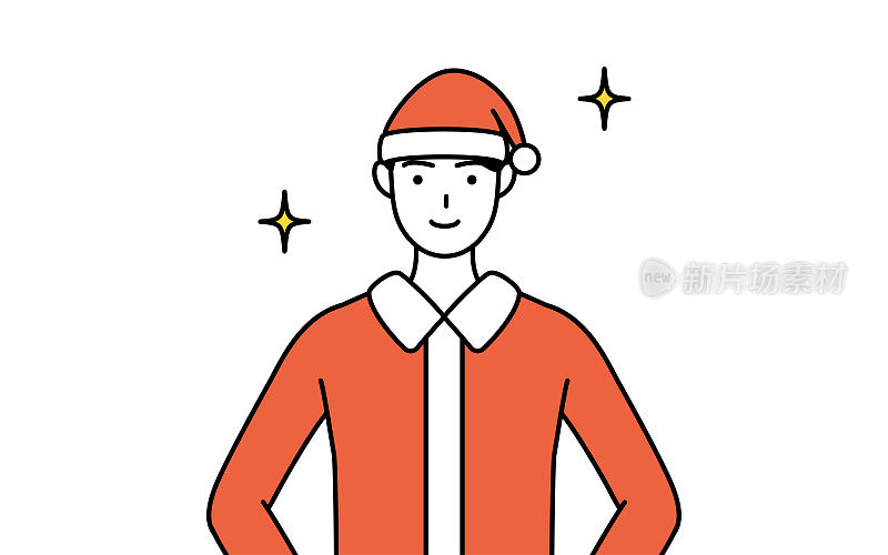 简单的线条插画，一个男人打扮成圣诞老人，他的手放在他的臀部。