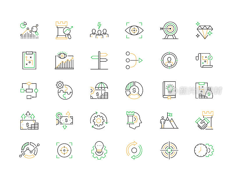 商业战略相关矢量细线图标。大纲符号集合