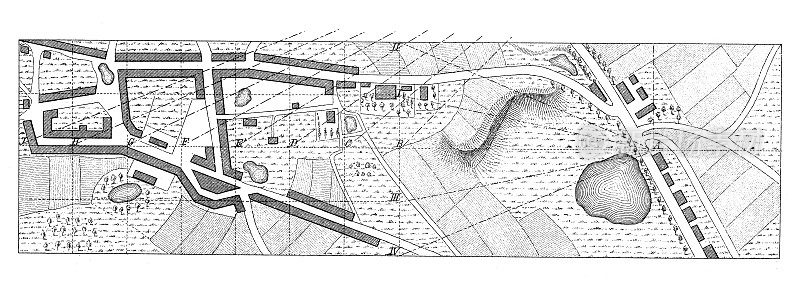 古董插图，数学和几何:地形正交投影