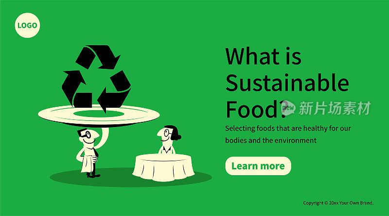 在可持续食品和环境保护的概念中，一位面带微笑的服务员正在向坐在桌旁的顾客端上食物(一个巨大的盘子上有一个大大的回收符号)