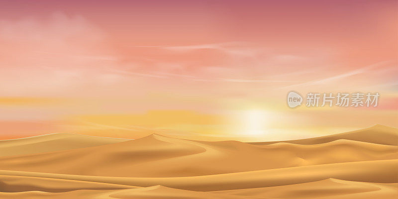 沙漠景观沙丘与清晨日出在橙色，黄色，粉红色的天空，矢量卡通热干燥荒芜与黄昏日落在晚上，自然背景与沙丘视差场景在秋天
