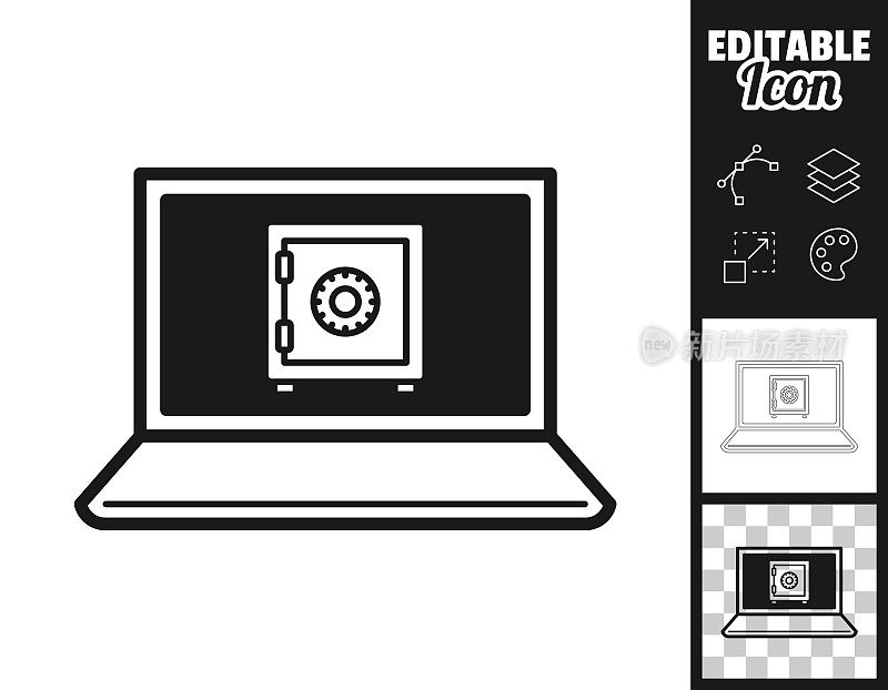 带保险箱的笔记本电脑。图标设计。轻松地编辑