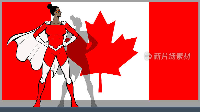 矢量复古波普艺术女性加拿大超级英雄与加拿大国旗在背景股票插图