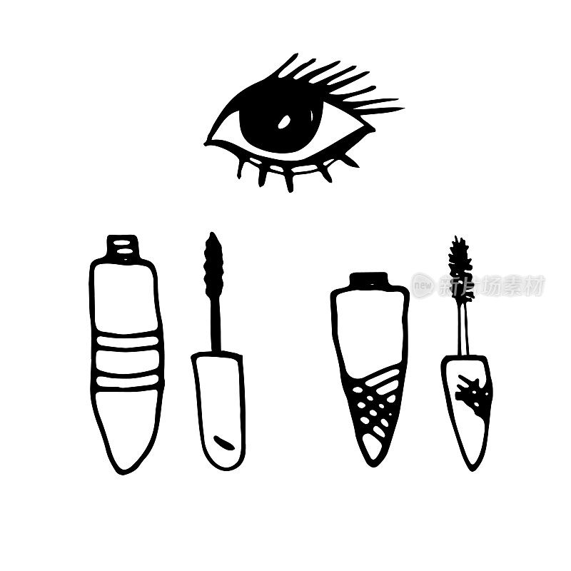 矢量涂鸦睫毛膏。两种刷睫毛的刷子。画化妆品、眼睛。白色背景上的黑色孤立轮廓。