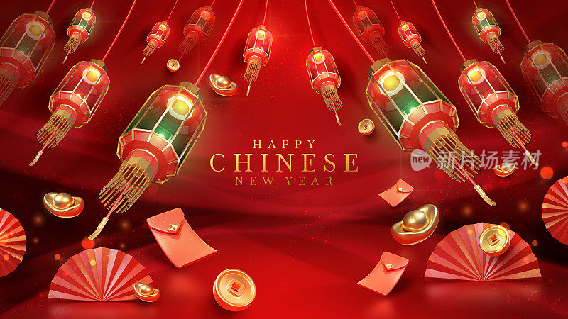中国新年背景和灯笼元素和金币的红色光束效果与红包装饰和散景。奢华风格的设计理念。