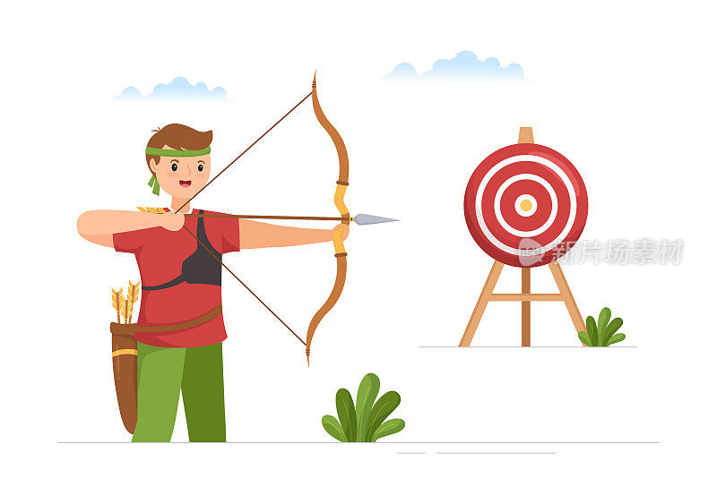 射箭运动与弓和箭指向目标户外娱乐活动在平面卡通手绘模板插图