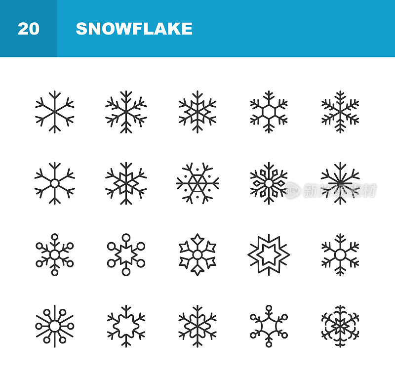 雪花线图标。可编辑的中风。像素完美。移动和网络。包含这样的图标，如雪，雪花，圣诞装饰，圣诞装饰，冬天，低温，冰，天气。