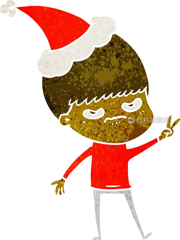 讨厌的手画复古卡通的男孩戴着圣诞老人的帽子