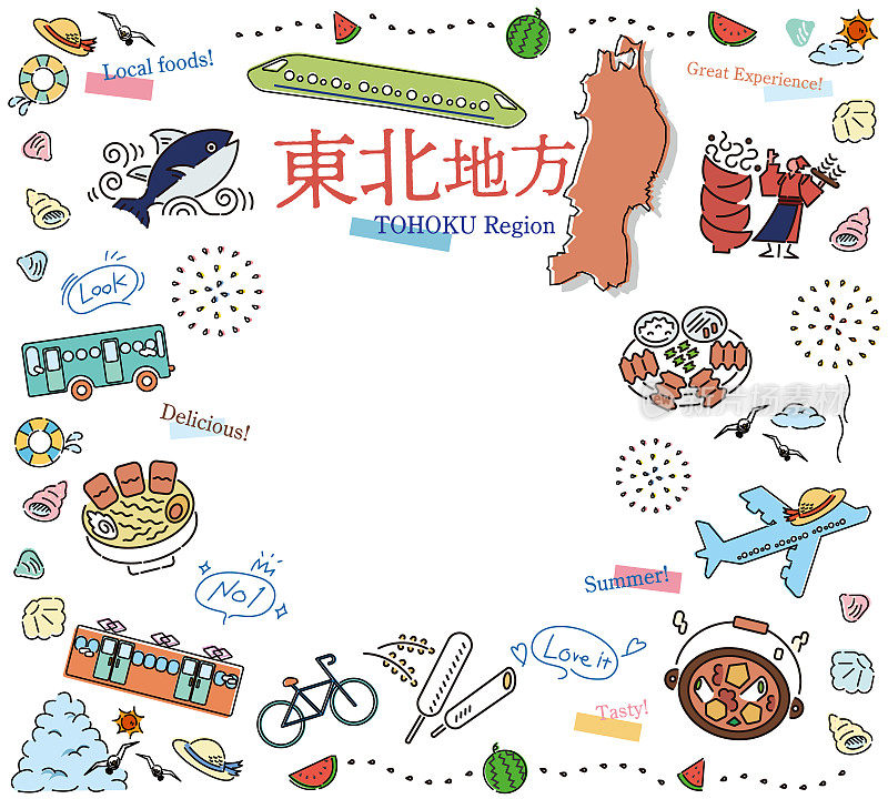 日本东北地区夏季美食旅游标志套装(线描)