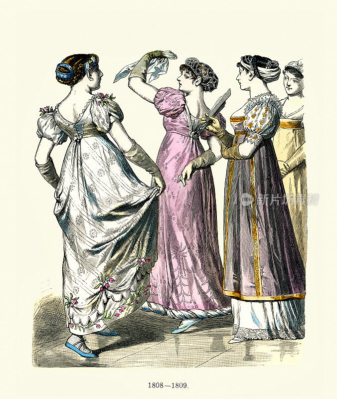 19世纪早期的欧洲时装，1808年至1809年，女性穿着帝国剪影服装，历史