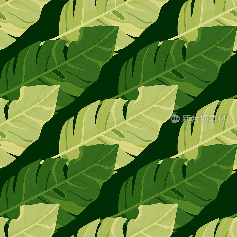 Hawaiian-inspired模式。时尚异国情调，棕榈树和郁郁葱葱的绿色壁纸。抽象背景植物园。