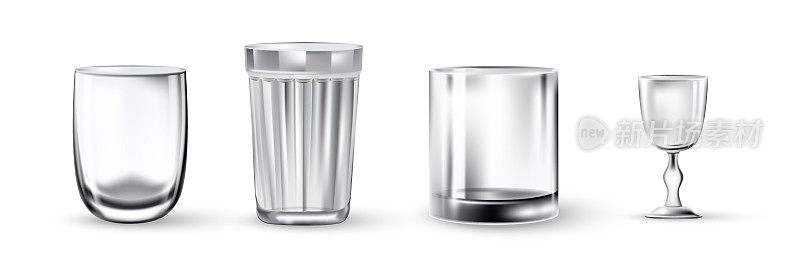 白色背景上的空水晶玻璃。威士忌酒杯，高脚杯，高杯玻璃器皿。闪亮干净的现实器皿饮料矢量插图。脆弱的餐具