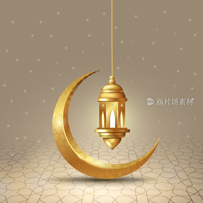 斋月卡里姆伊斯兰设计新月和灯笼与阿拉伯图案和书法