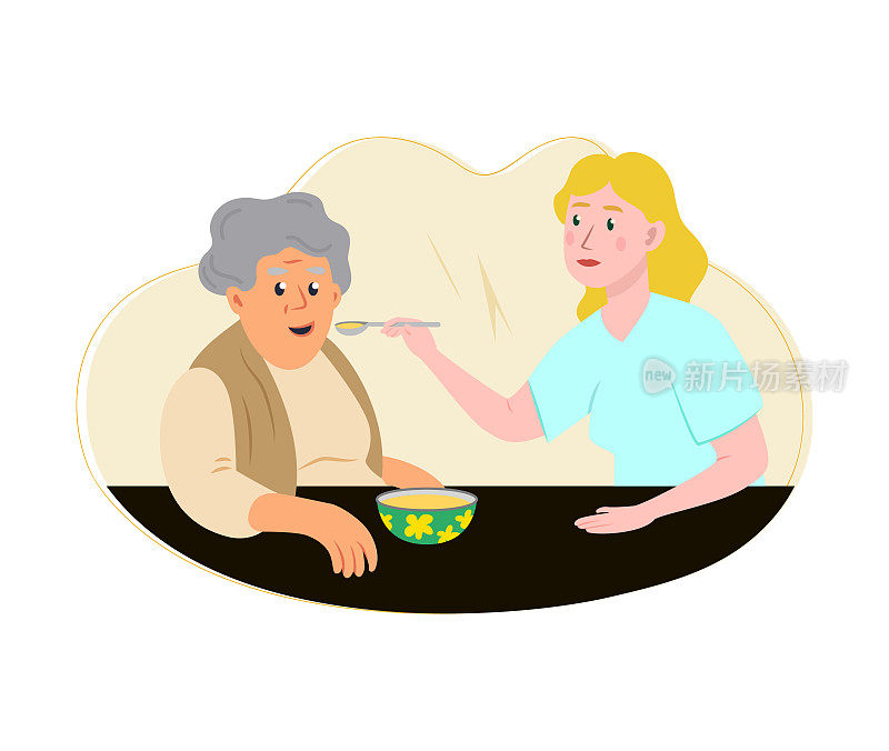 护理和喂养老人。关爱、支持老年老人理念。护工志愿者，帮助老奶奶用勺子吃饭。平面矢量插图隔离在白色背景股票插图上