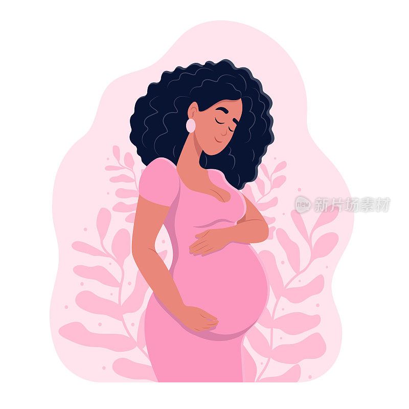 期待做母亲的女人母亲节。健康的怀孕。美丽的孕妇抱着她的肚子。