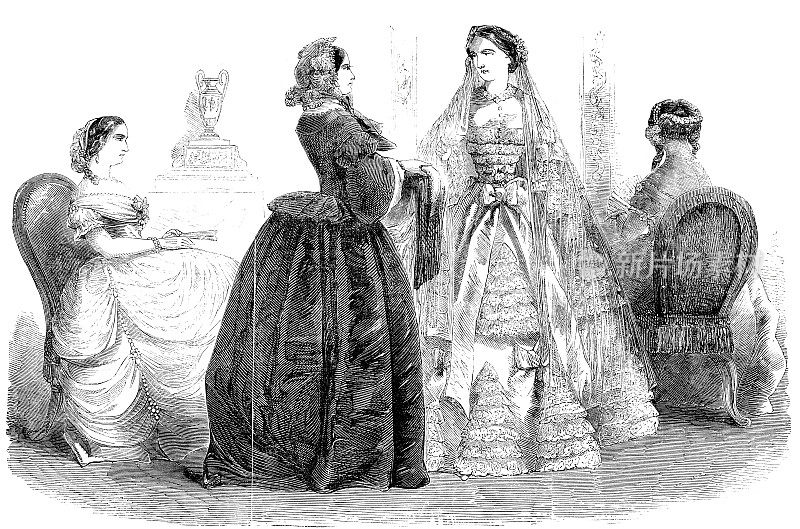 四名女模特展示1857年3月的时装