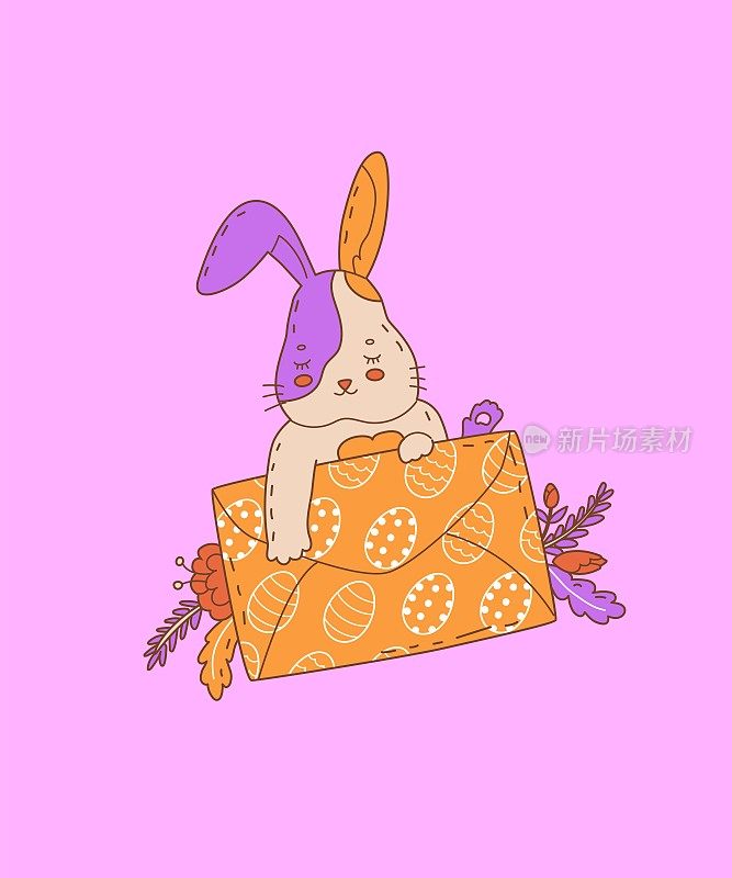 可爱的复活节兔子拿着一个有鸡蛋装饰的信封。插图用于春季复活节假期的装饰。基督教死后重生的象征。矢量插图。