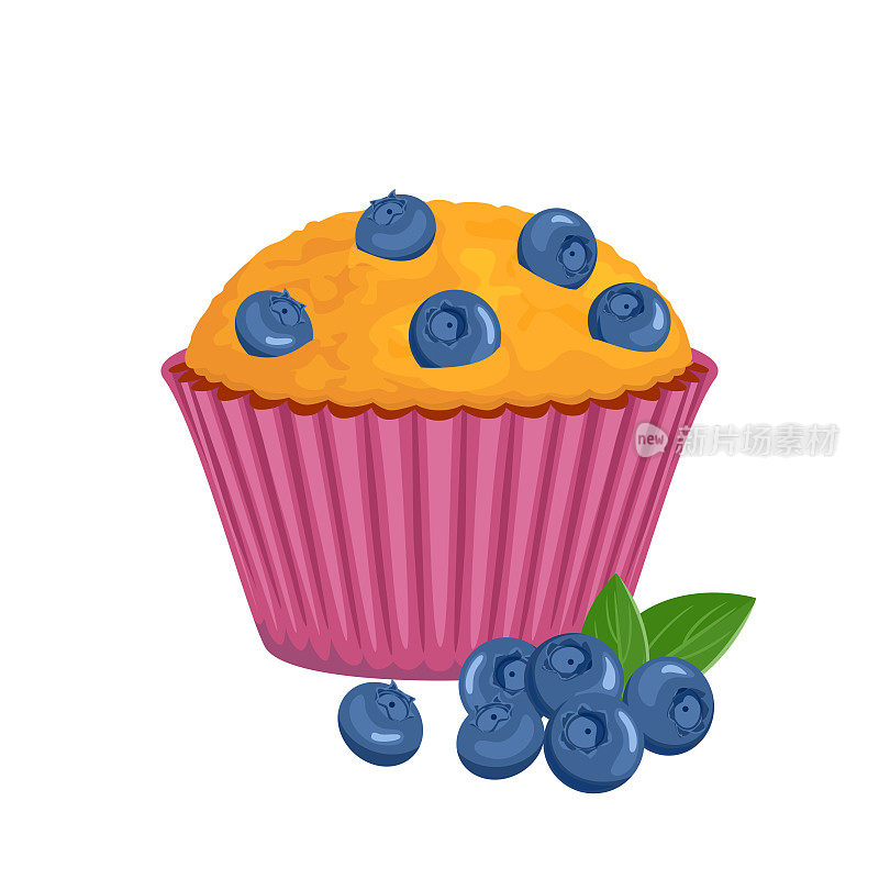 蓝莓松饼和一堆孤立在白色的浆果。矢量卡通插图新鲜的蛋糕。