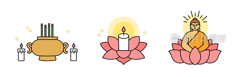 佛的生日。香炉，蜡烛和莲花上的佛。