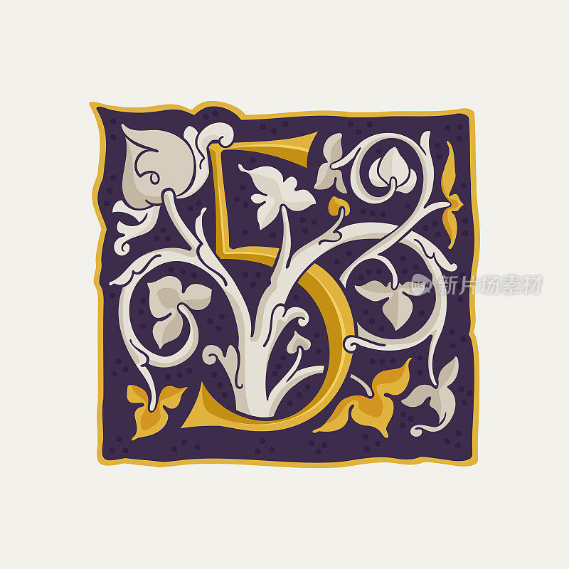 5的标志。5号滴帽，中世纪首字母，金色纹理和白色藤蔓。文艺复兴书法会徽。