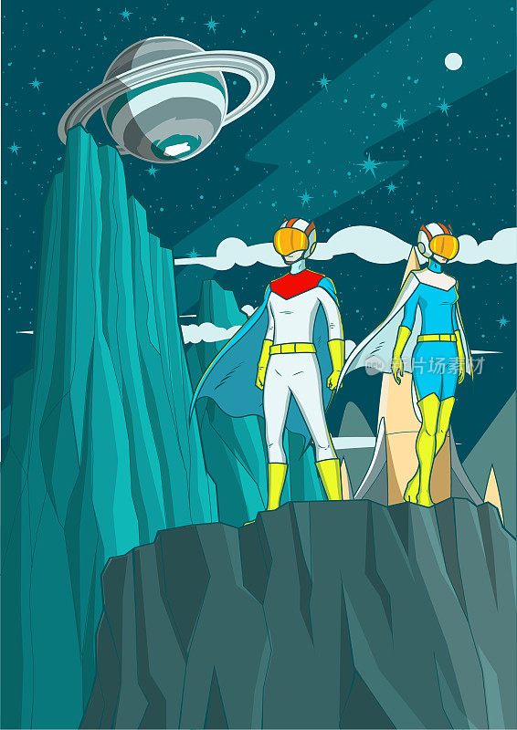 矢量动画风格的太空超级英雄夫妇探索一个星球海报股票插图