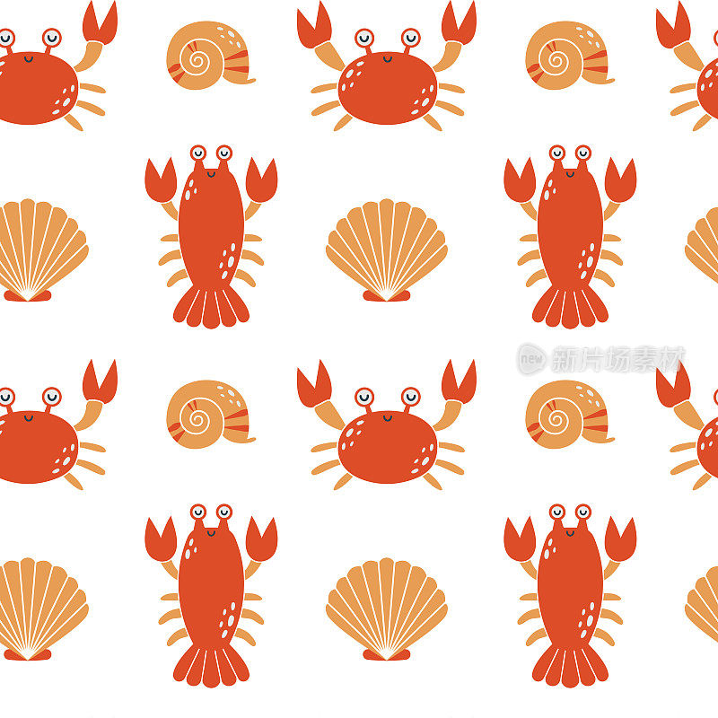 简单的无缝背景与可爱的海洋动物，螃蟹，小龙虾，贝壳，贝类的风格。平面手绘夏季图案用于包装纸，儿童商品，婴儿沐浴，织物，纺织品，贴纸