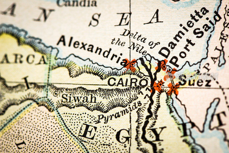 古董地图集地图宏观特写:开罗，埃及