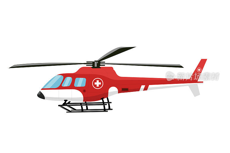 红色直升机紧急空中飞行运输。侧视图矢量图