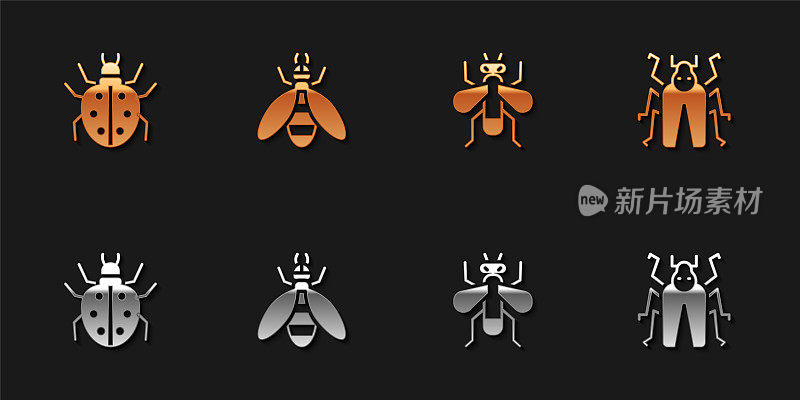 设置螨虫，蜜蜂，昆虫蝇和甲虫虫图标。向量