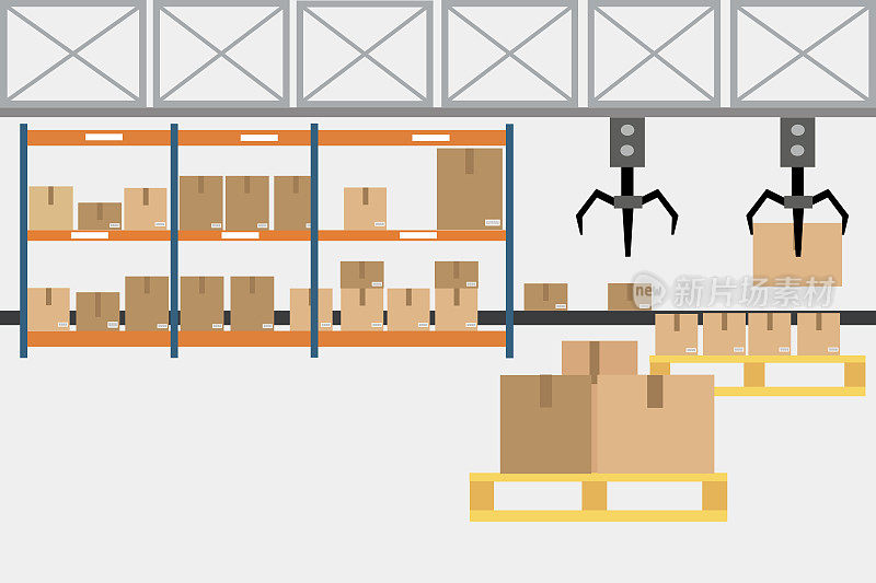 包装和生产线概念扁平化风格。工业机器矢量插图。在纸箱厂的传送带上