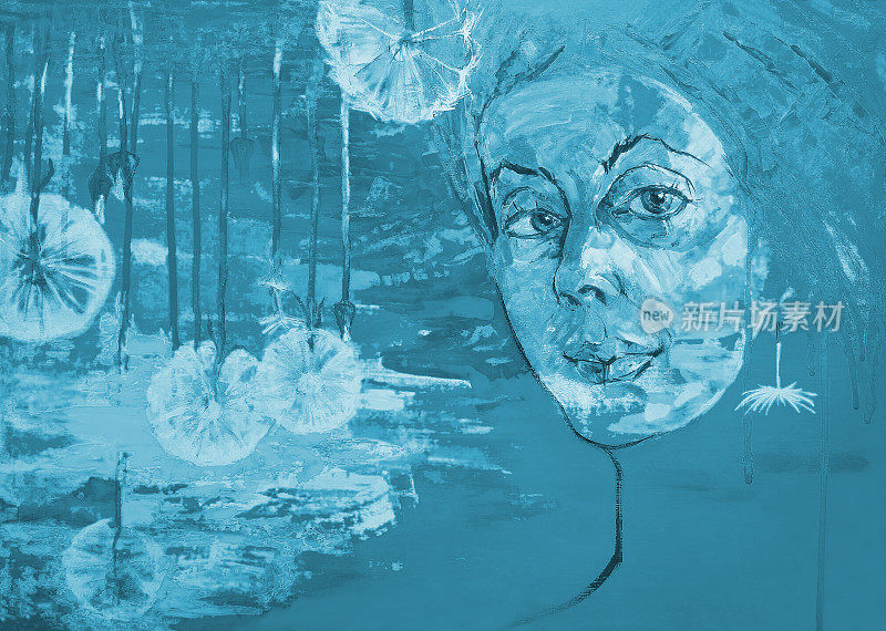 插图油画肖像的女人在一个林间空地的蒲公英在蓝色