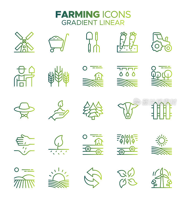 农业和农业-梯度细线矢量图标集-国内牛，农场，农业，风车