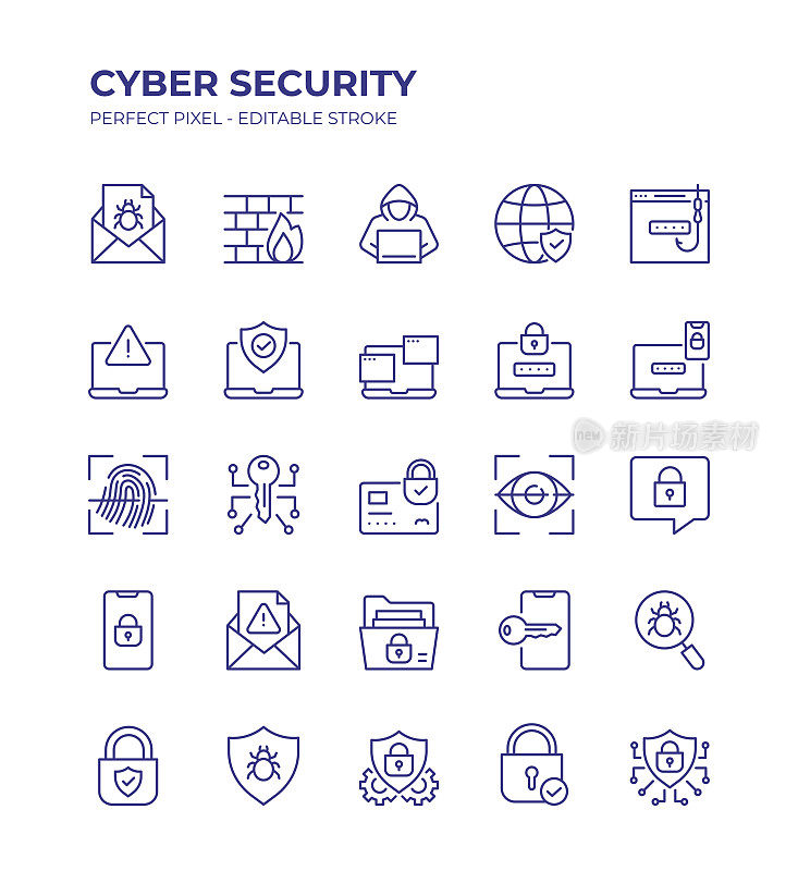 网络安全可编辑行图标集包含黑客，防火墙，网络钓鱼，网络安全，隐私等图标