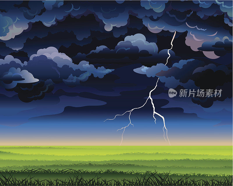 有闪电和绿色田野的暴风雨天空
