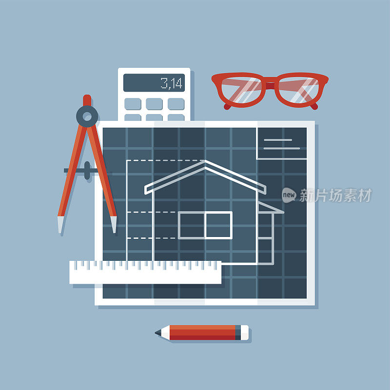 建筑蓝图，工程师罗盘或分规，尺，计算器和眼镜。
