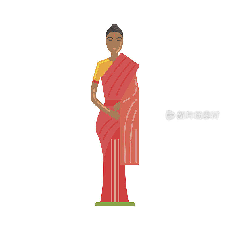 穿着红色纱丽的民族服饰妇女，印度文化著名的传统旅游象征