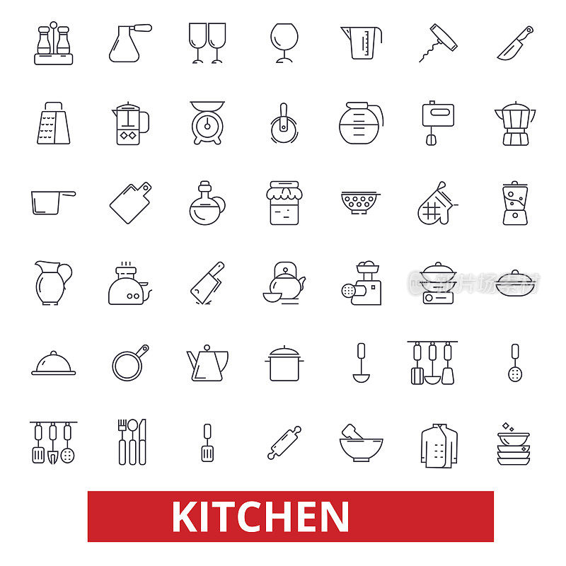 厨房烹饪工具，餐厅用具，炊具，厨具，食物准备图标。可编辑的中风。平面设计矢量插图符号概念。线标志孤立在白色背景上