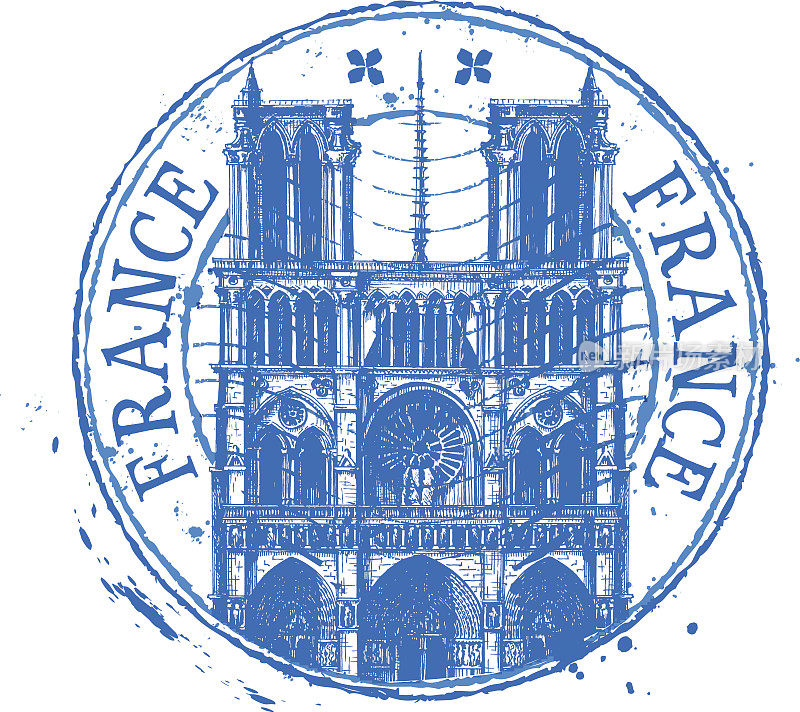 法国矢量标识设计模板。破旧的邮票或圣母院