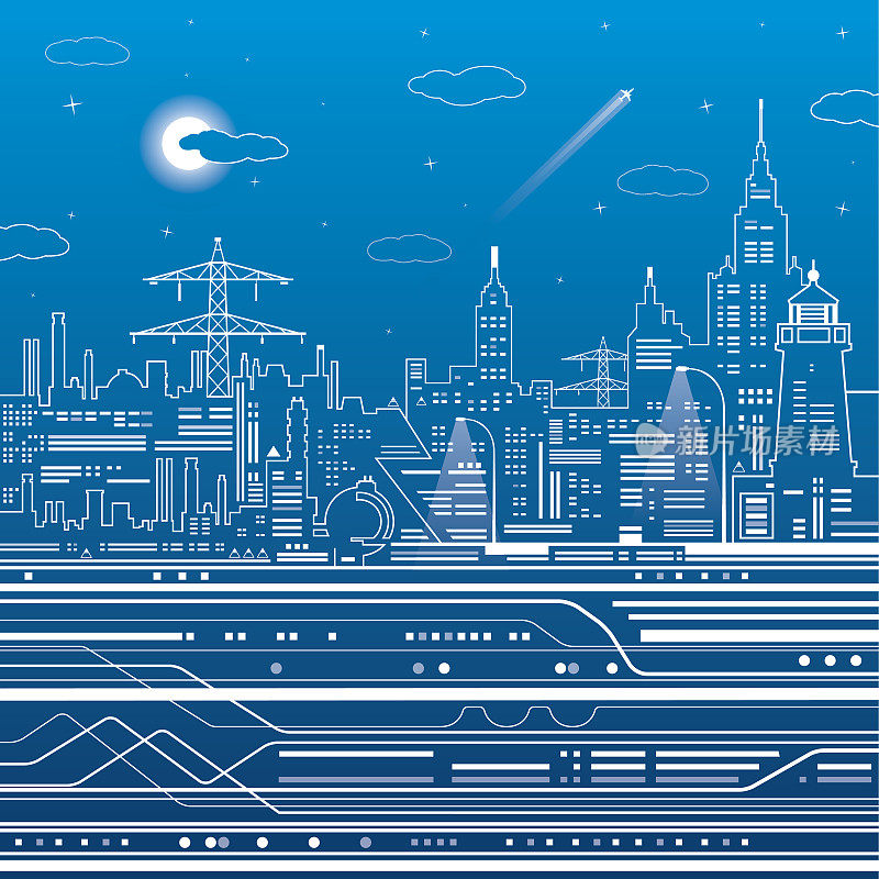 基础设施插图，夜城，飞机飞行，火车移动，城市场景，蓝色背景上的白线，矢量设计艺术
