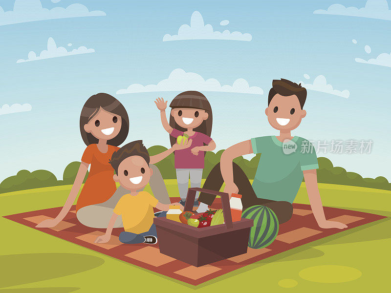 快乐的一家人在野餐。爸爸、妈妈、儿子和女儿都在大自然中休息