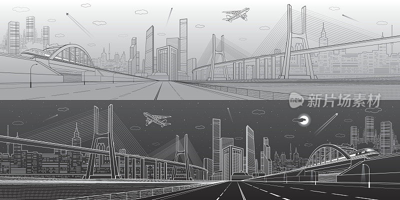 基础设施全景。大型斜拉桥。火车在桥上行驶。飞机飞行。空的高速公路。以现代城市为背景，高楼大厦。白天和晚上的版本。矢量设计艺术