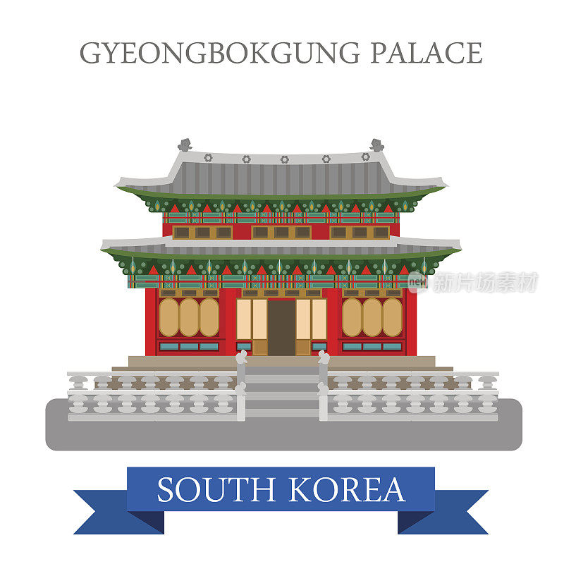 韩国首尔庆福宫。平面卡通风格的历史景点展示景点网站矢量插图。世界各国城市度假旅游观光亚洲收藏。