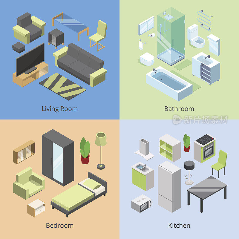 一套不同的家具元素的房间在现代家庭。厨房，卧室，客厅和浴室的矢量等距图