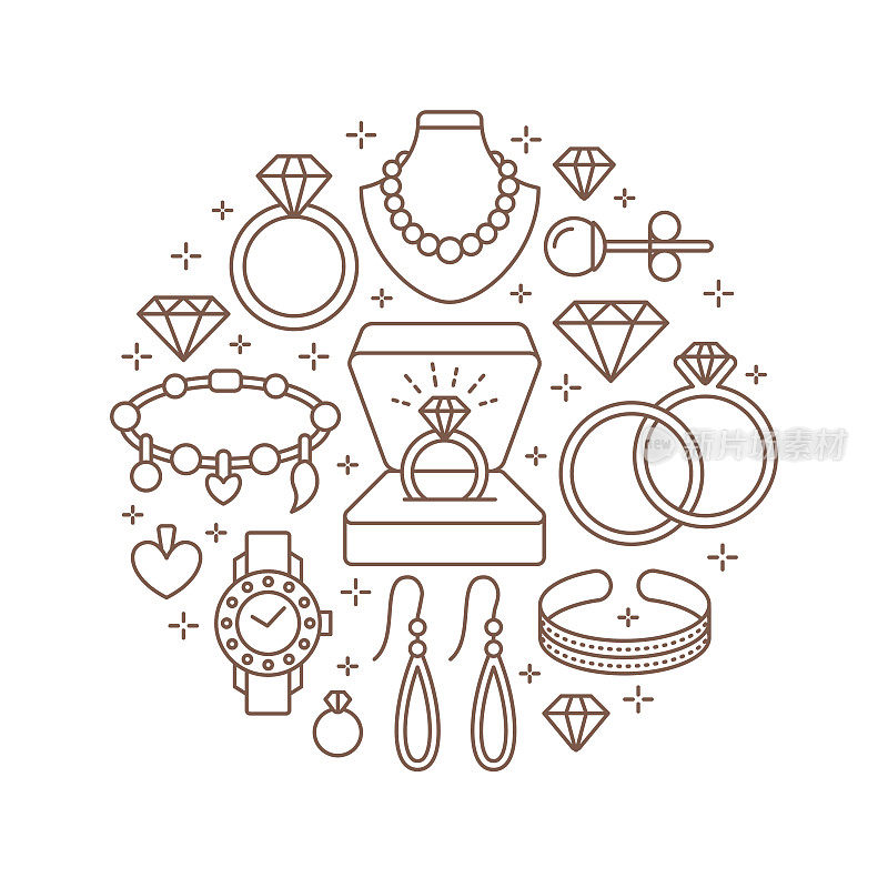 珠宝店，钻石饰品横幅插图。矢量线图标的珠宝-金表，订婚戒指，宝石耳环，银项链，护身符，珠宝。时尚店圈模板