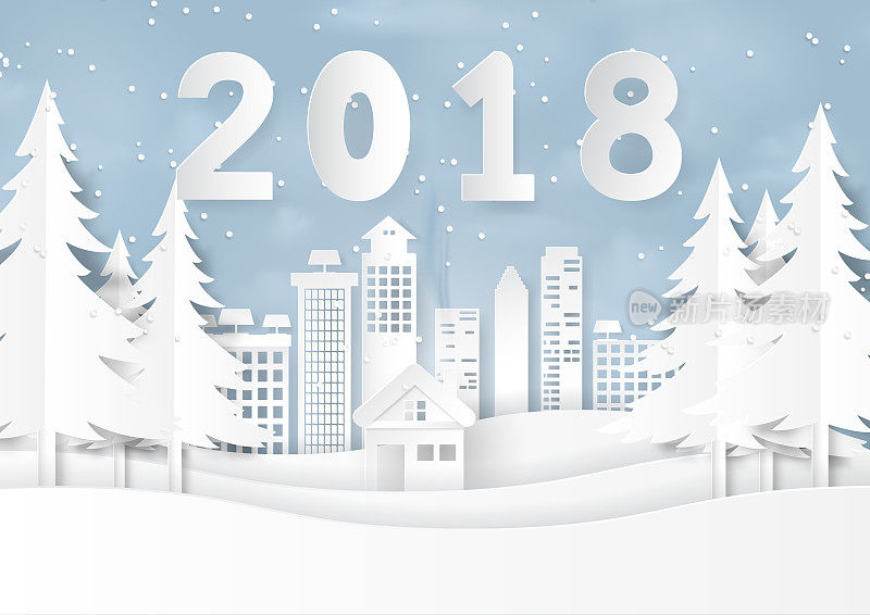 用城市山水纸艺术的风格，在冰雪季节，祝2018年新年快乐