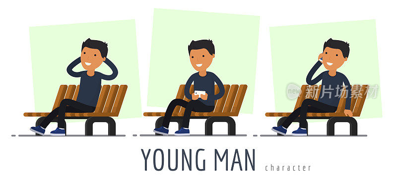 那个年轻人的性格。坐在长椅上。平面设计
