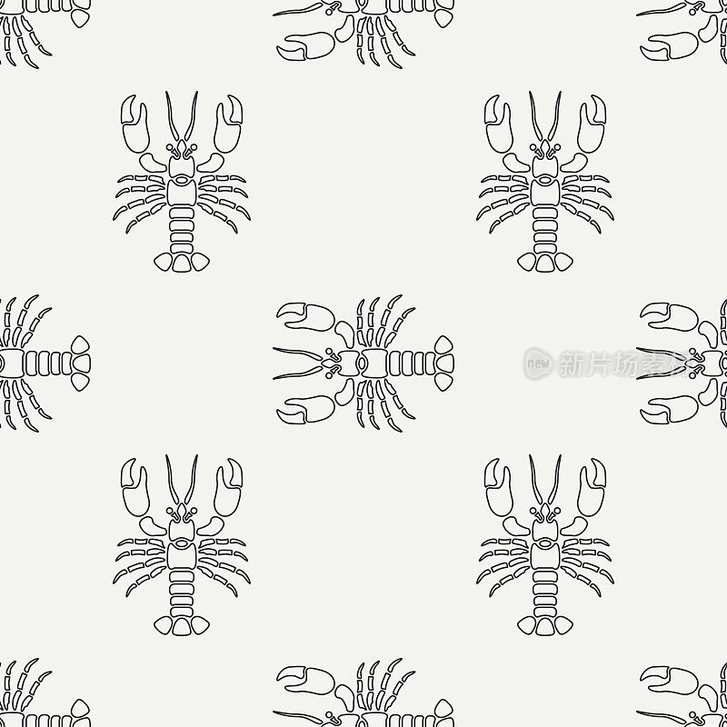 平线矢量无缝模式海洋动物龙虾。简化的复古。卡通风格。癌症。奥马尔。海鲜佳肴。壳。爪。海中。甲壳类动物。插图元素为您的设计和墙纸